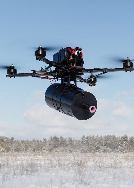 Kyiv reg, Ukraine - Feb. 16, 2025: An FPV drone controlled via fibre optics is seen during a test flight